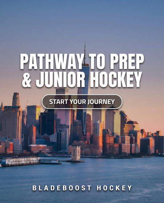 Hockey player on the ice mid-play, representing the pathway European players prepare for when pursuing hockey opportunities in North America.